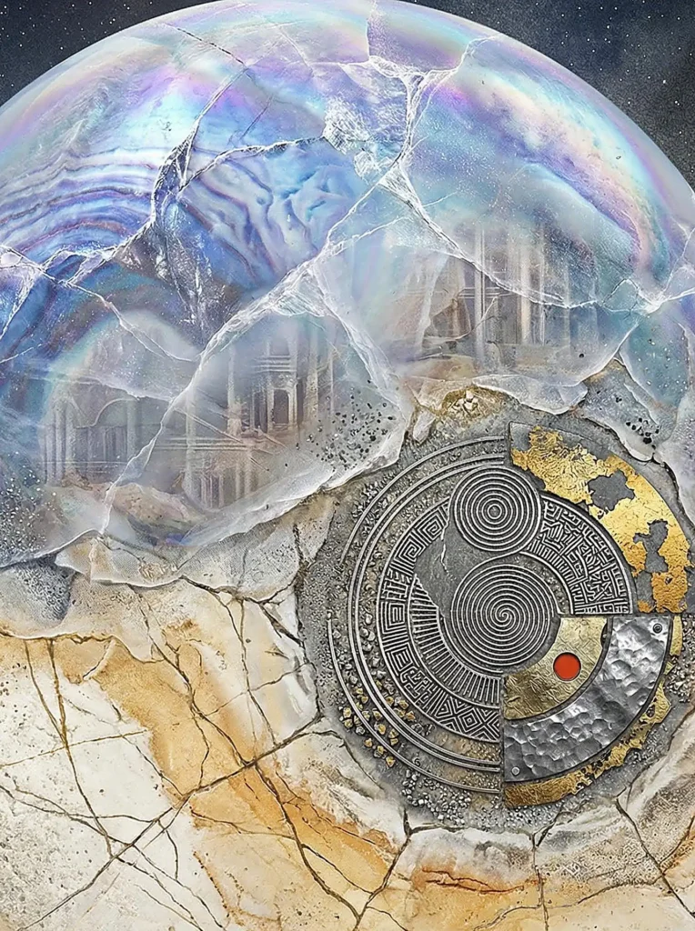 Ethereal and mysterious, a cracked iridescent sphere containing ghostly architectural ruins rests upon a fractured stone surface. This mixed media digital art piece combines metallic concentric spirals, gold leaf accents, and a starry celestial background to create a sense of ancient cosmic wonder. Artwork by Constantine Cheshire