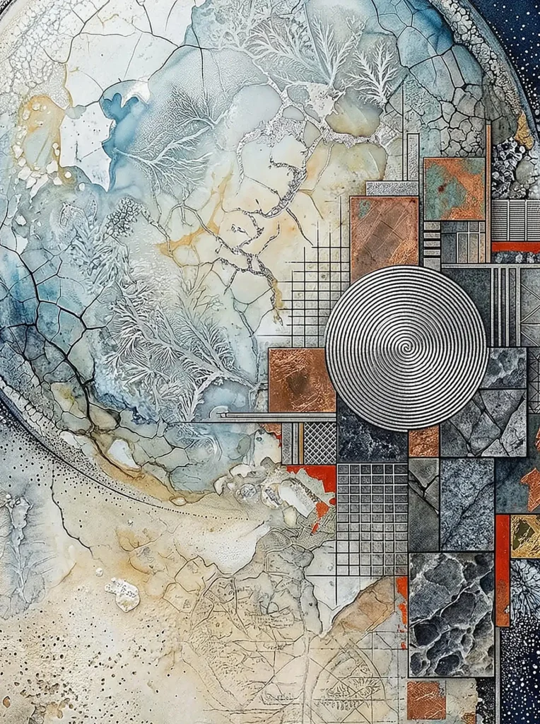 Swirling inward toward a metallic center, this abstract mixed-media piece blends organic dendritic patterns with rigid architectural grids. The composition features a harmonious palette of cool blues, earthy copper tones, and textured stone fragments to create a sense of structured chaos. Artwork by Constantine Cheshire