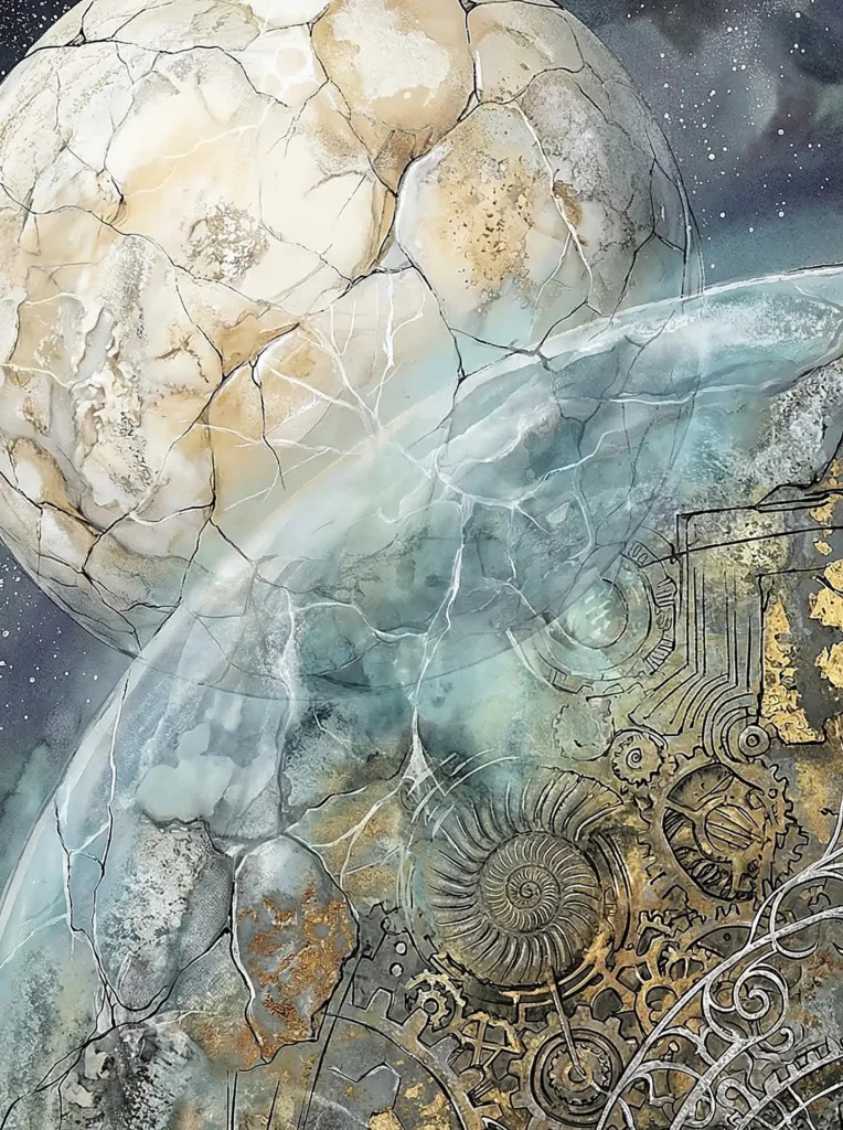 Ethereal and mysterious, tiny cracks web across a marbled celestial sphere that floats above a complex arrangement of golden gears and ammonite-shaped clockwork. This mixed-media style illustration blends cosmic themes with steampunk elements in a palette of soft gold, teal, and deep space blue. Artwork by Constantine Cheshire