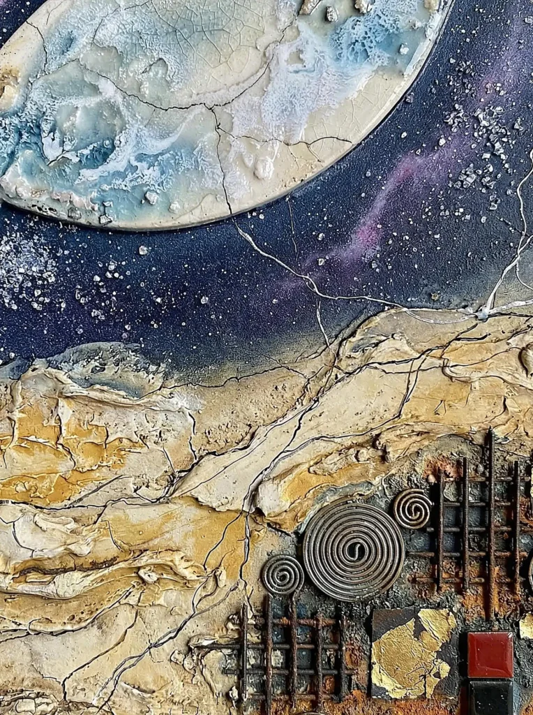 Celestial-themed mixed media artwork featuring a cracked, earthen foreground with coiled metal wires and rusted grates beneath a deep blue, starry sky. This highly textured composition utilizes resin, gold leaf, and found objects to create a topographical and industrial feel with a moody color palette. Artwork by Constantine Cheshire