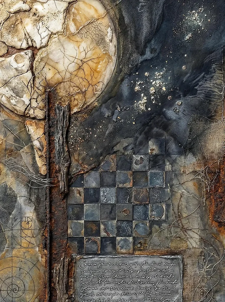Deep charcoal and rusted orange tones highlight this mixed media piece featuring a cratered moon alongside geometric grids and metallic textures. This complex collage blends industrial materials like burlap and wire with ancient-looking script and mathematical spirals to create a sense of cosmic history. Artwork by Constantine Cheshire
