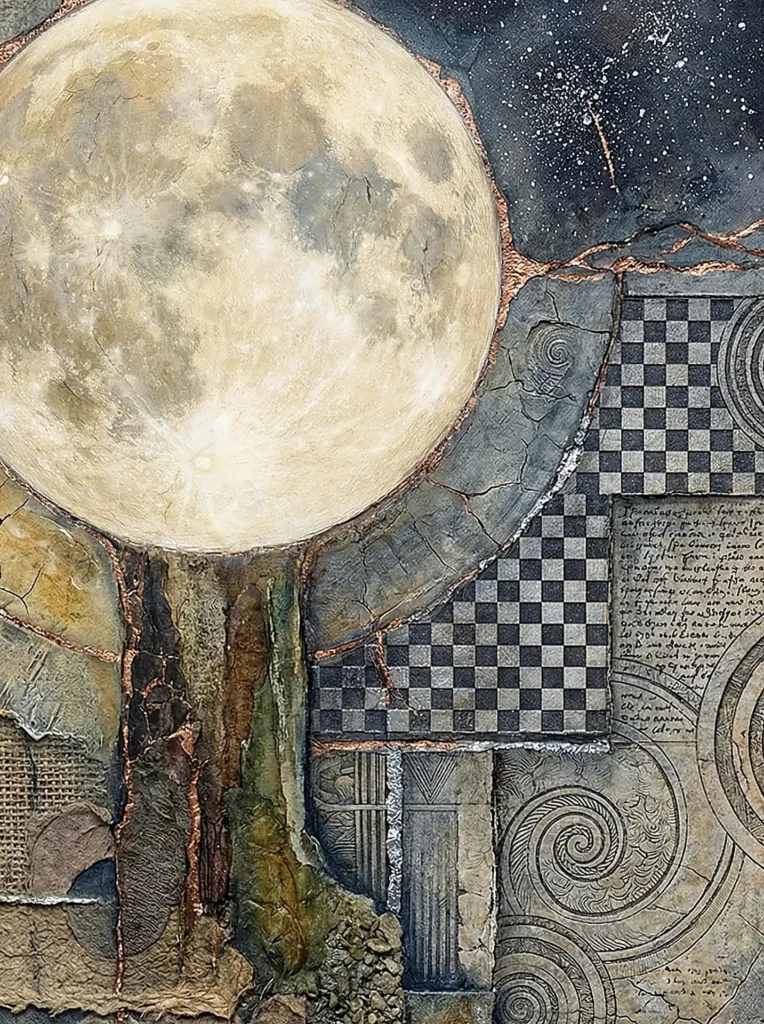 Layered arrangements of textured paper, burlap, and metallic accents create a complex foundation for a large, glowing moon. This mixed-media piece blends surreal celestial elements with geometric checkerboards and swirling spirals in shades of indigo, cream, and silver to evoke a mystical cosmic mood. Artwork by Constantine Cheshire