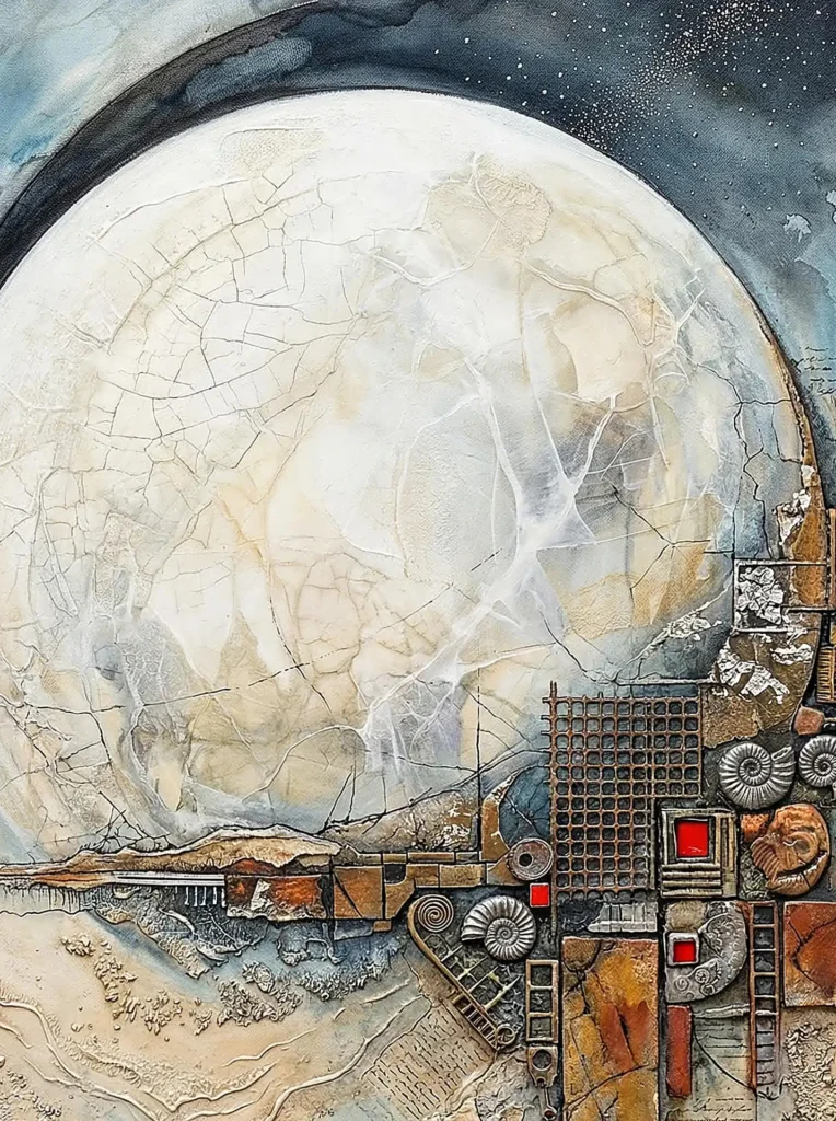 Rising behind a mechanical horizon, a massive cracked moon looms over an intricate landscape of fossils and industrial grids. This mixed media artwork blends earthy tones with metallic textures and cosmic themes to create a mysterious, archaeological atmosphere. Artwork by Constantine Cheshire