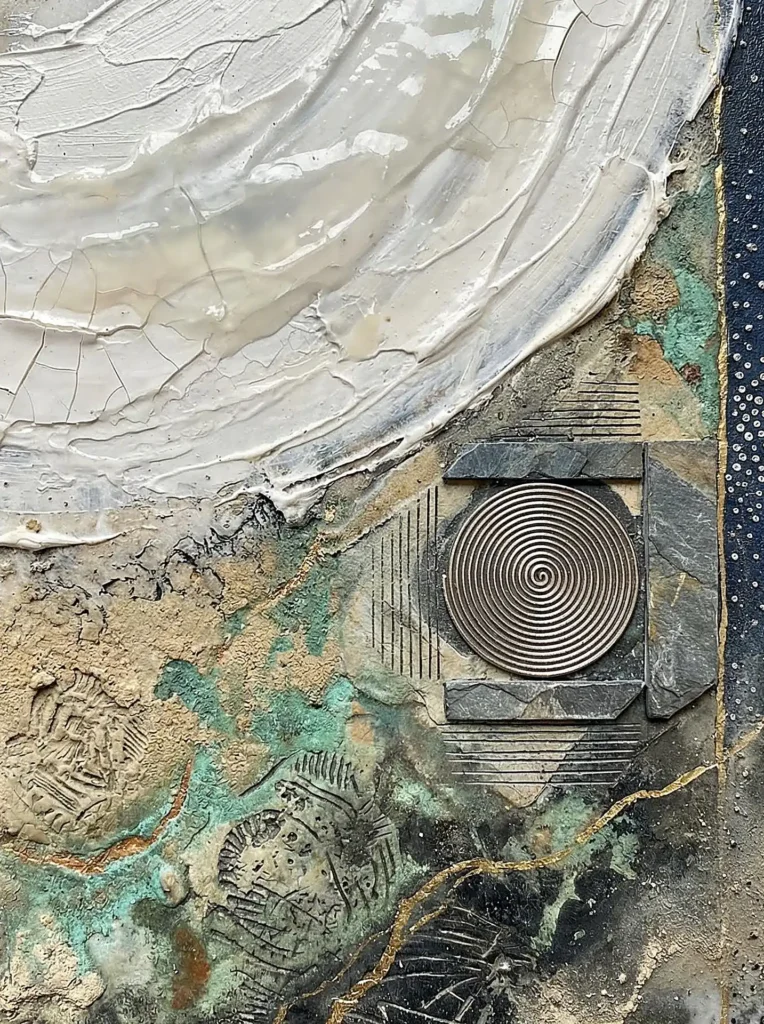 Layering and texture define this abstract composition featuring a silver metal spiral embedded among cracked white wax, verdigris accents, and slate stone. This contemporary mixed media piece blends industrial elements with organic, earthy tones and delicate gold leaf veins to create a sophisticated, archaeological mood. Artwork by Constantine Cheshire