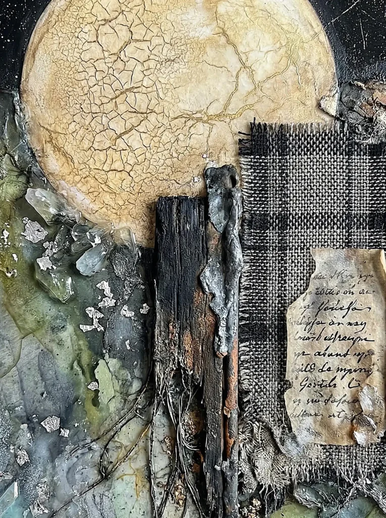 Layered textures and vertical elements create a complex assemblage featuring a cracked lunar disc and charred timber. This contemporary mixed media piece blends rustic burlap, aged script, and metallic accents to evoke a sense of weathered history and celestial mystery through its earthy palette and tactile surfaces. Artwork by Constantine Cheshire
