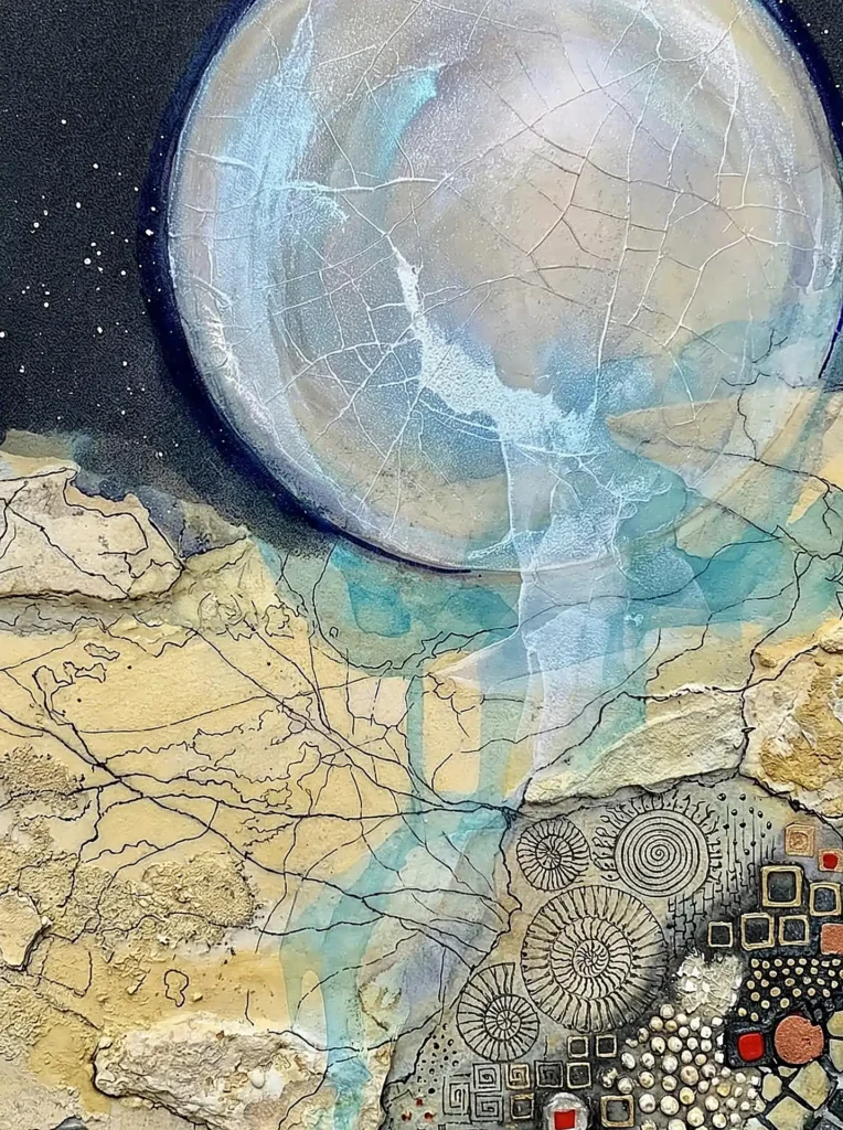 Descending through a starlit void, this abstract moon floats above a textured landscape of fossilized spirals and geometric grids. The mixed media artwork blends cool teal tones with earthy beige textures to create a serene, cosmic atmosphere. Artwork by Constantine Cheshire