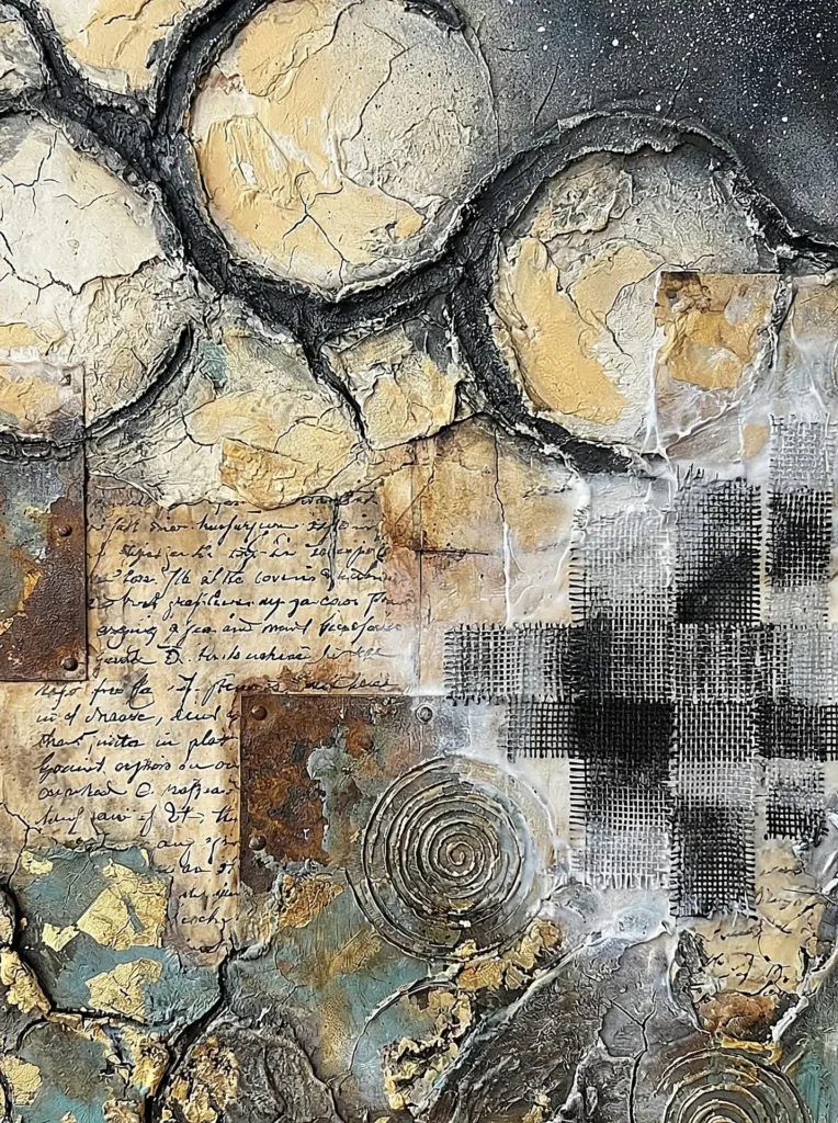 Ochre and charcoal tones highlight this multi-layered mixed media piece featuring rusted metal plates, mesh, and handwritten script. This gritty industrial artwork combines organic cracked plaster and relief spiral motifs within a muted palette of teal and beige. Artwork by Constantine Cheshire