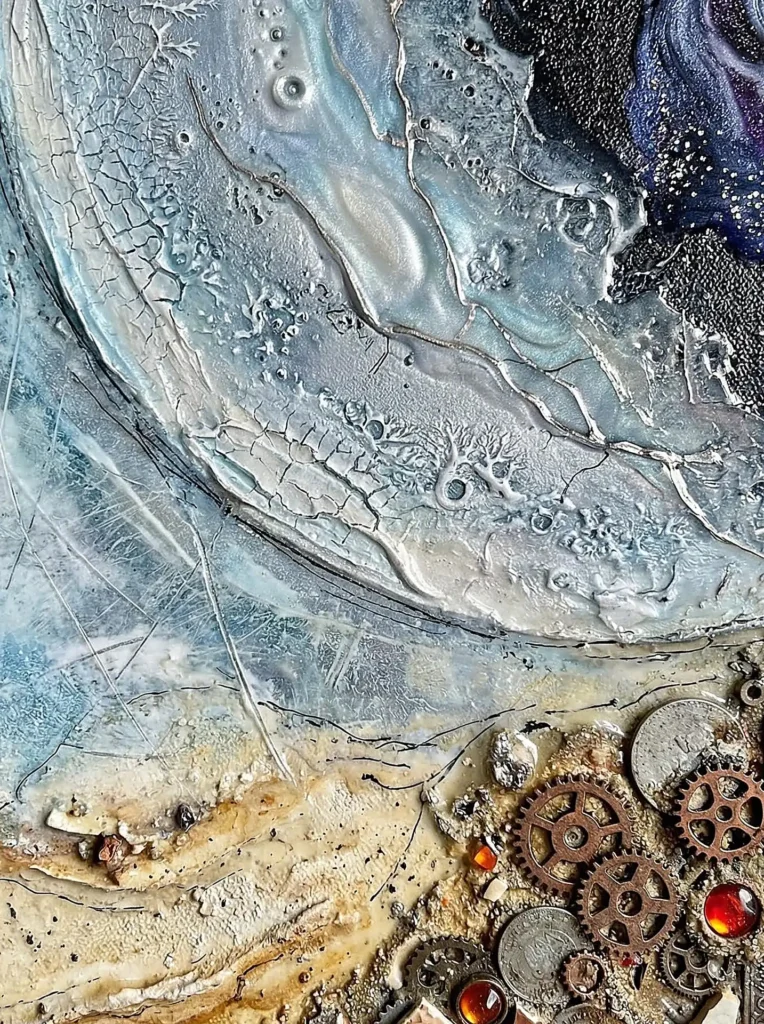 Layering of cracked iridescent textures and mechanical elements creates a complex industrial landscape. This mixed media piece features cold blue metallic paint, dendritic patterns, and vintage clockwork gears accented by glowing red beads. Artwork by Constantine Cheshire