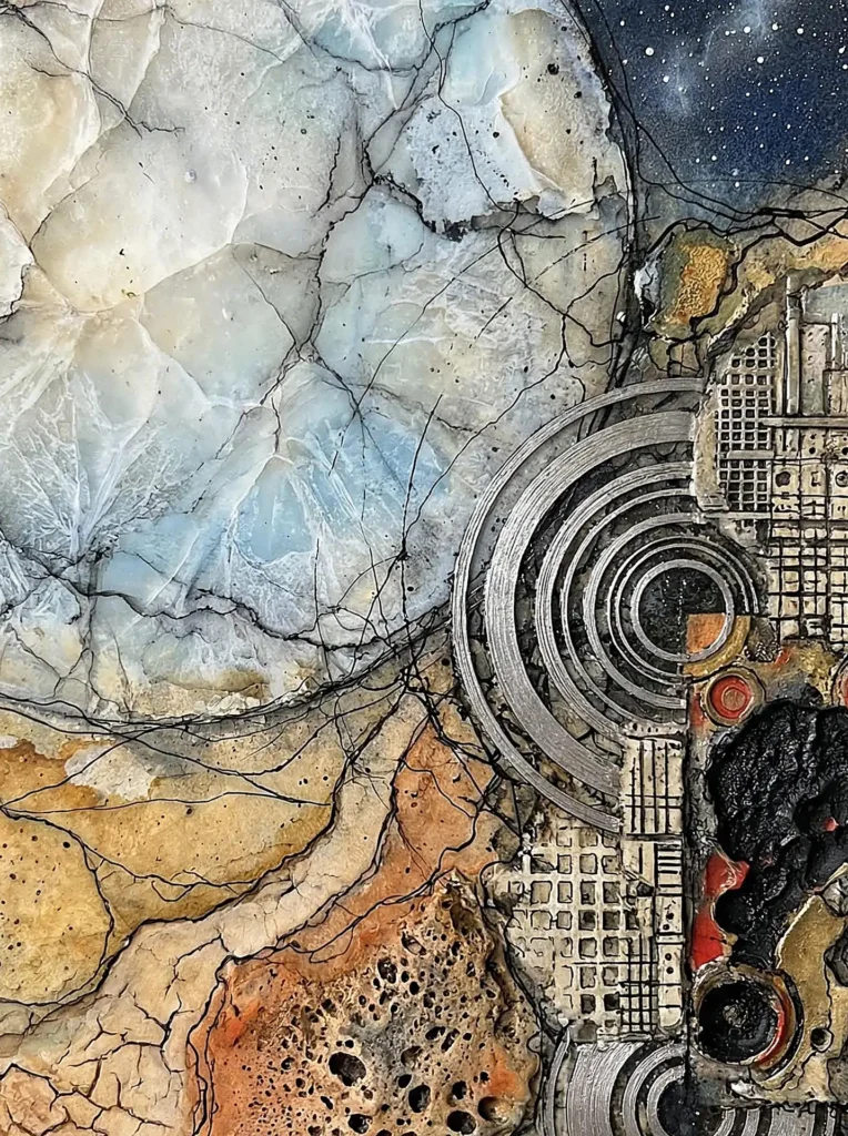 Textural cracked surfaces and metallic silver rings define this intricate mixed media composition of a cosmic industrial landscape. A large glowing celestial sphere dominates the view alongside mechanical grids and porous textures set against a deep starry night sky. Artwork by Constantine Cheshire