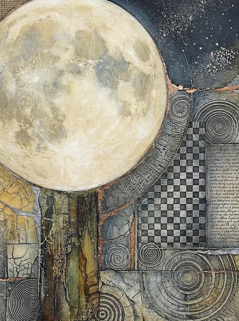 Luminous ivory tones and deep charcoal hues define this intricate mixed media artwork featuring a large moon. The composition blends celestial themes with geometric patterns, spiral engravings, and delicate handwritten script over a textured, cracked surface accented by copper veins. Artwork by Constantine Cheshire
