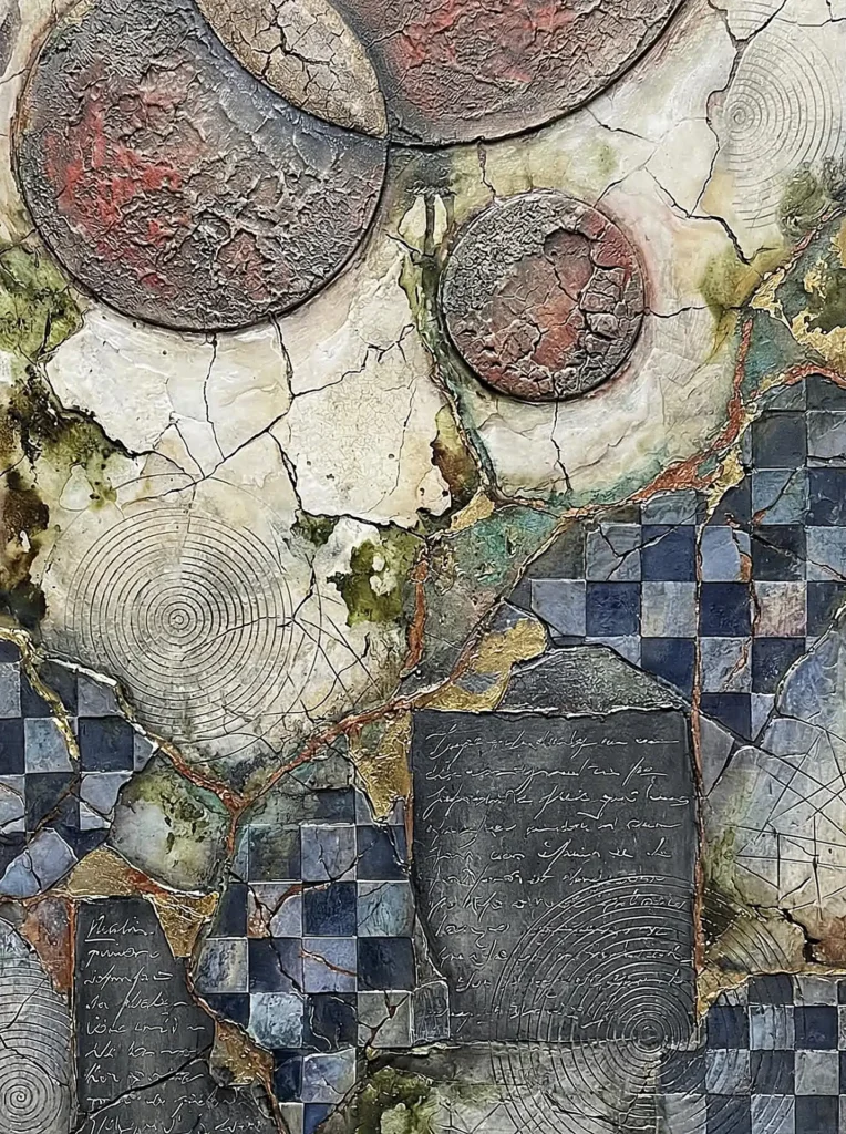 Layering and overlapping textures define this complex mixed media piece, featuring cracked plaster circles and a blue checkered grid. The earthy color palette of moss green and rust contrasts with delicate handwritten script and concentric circular patterns for a weathered, archaeological mood. Artwork by Constantine Cheshire