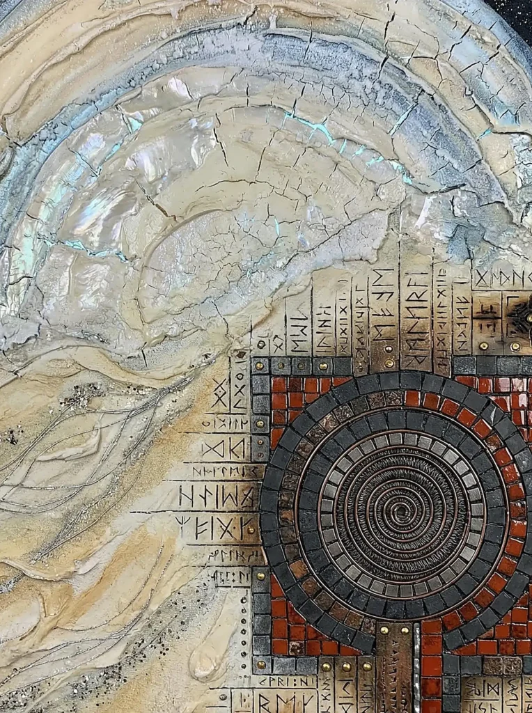Soft neutral tones and warm golden lighting illuminate an intricate mixed-media relief of ancient runic symbols and concentric circles. This highly textured artwork combines crackled plaster with iridescent accents and mosaic tiling to create a sense of historical mystery and archaeological discovery. Artwork by Constantine Cheshire
