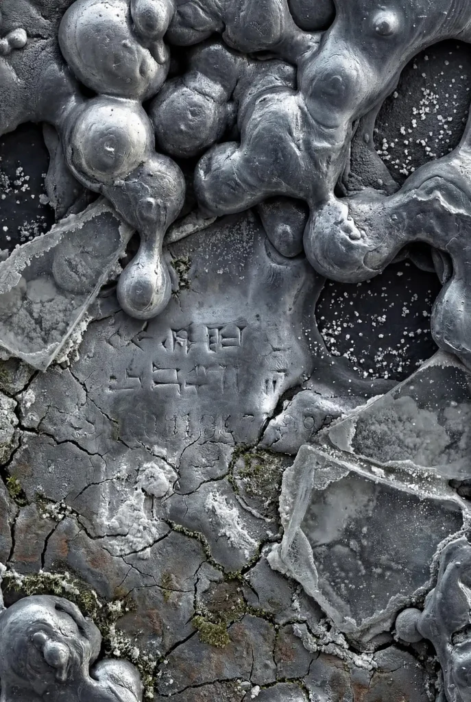 Molten silver metal drips over a cracked stone surface in a detailed macro photograph. This industrial composition features mysterious etched glyphs and a cold, monochromatic color palette of pewter and gray tones. Artwork by Constantine Cheshire