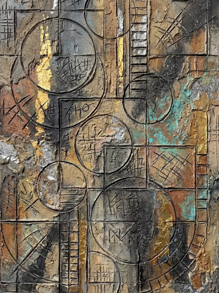 Plaster and sand textures are layered with gold leaf and turquoise patina in this complex geometric composition. The artwork features incised circles and grids that create a weathered, archaeological aesthetic with a modern industrial feel. Artwork by Constantine Cheshire