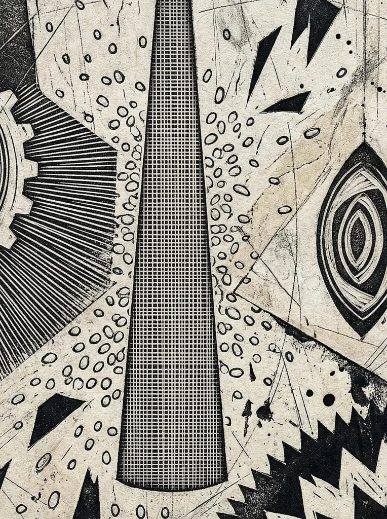 Rough ink textures and fine stippling define this complex monochromatic composition featuring a central pillar surrounded by mechanical gears and symbolic shapes. This artwork blends industrial elements with surrealist motifs in a high-contrast woodblock style. Artwork by Constantine Cheshire