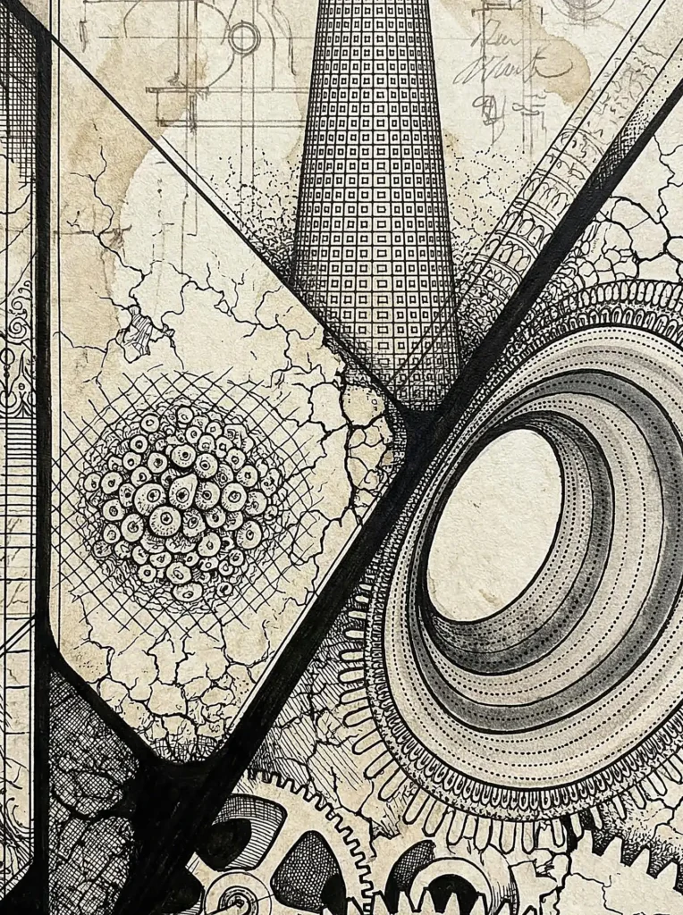 Evoking a sense of complex mystery, this intricate ink drawing blends industrial gears with organic cell clusters on a weathered, cracked background. The monochromatic composition features precise technical linework and geometric structures reminiscent of vintage architectural blueprints or steampunk concept art. Artwork by Constantine Cheshire