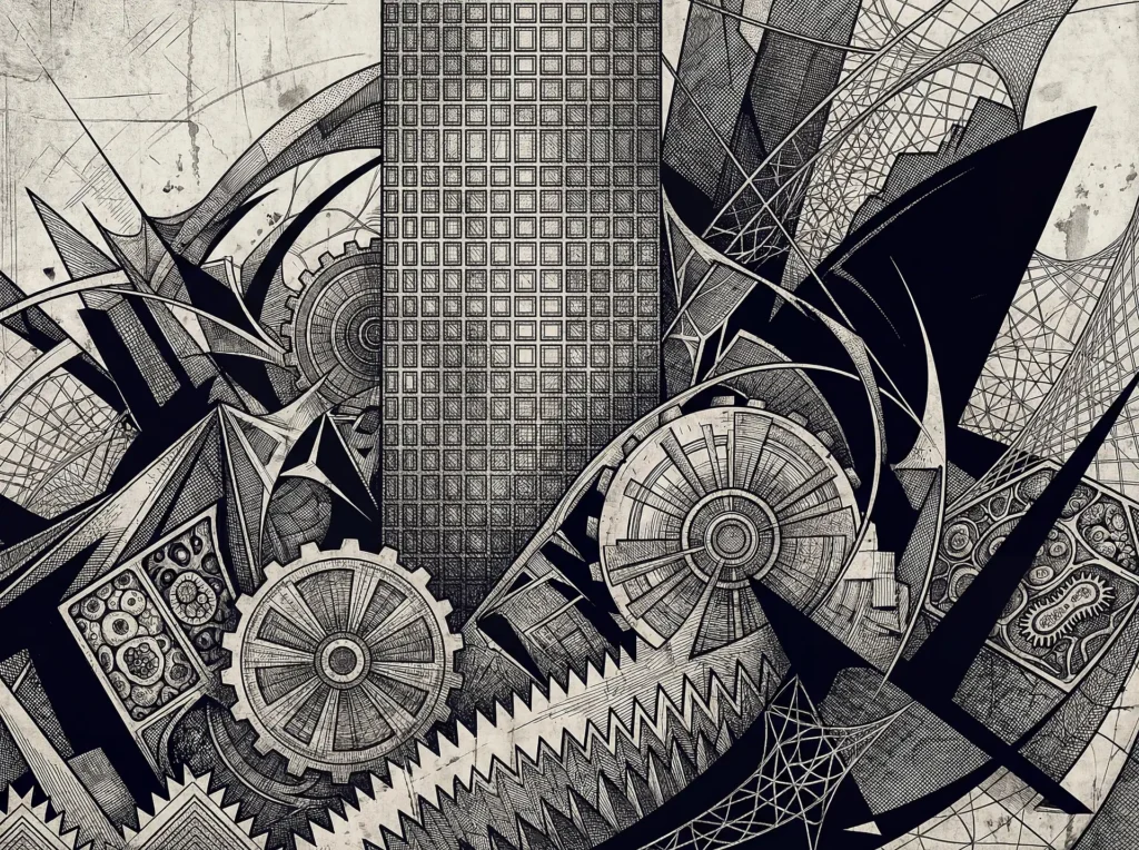 Layering complex geometric shapes and interlocking gears, this monochrome artwork blends architectural grids with mechanical elements in a technical drawing style. The high-contrast black and white composition features intricate cross-hatching and a weathered texture, evoking a futuristic steampunk aesthetic. Artwork by Constantine Cheshire