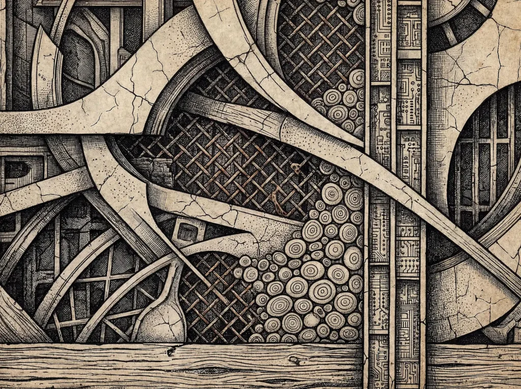 Ink and parchment textures define this complex composition of interlocking mechanical arches and industrial patterns. This sepia-toned illustration merges hand-drawn cross-hatching with electronic circuit details to create a technical atmosphere reminiscent of steampunk blueprints and ancient schematics. Artwork by Constantine Cheshire