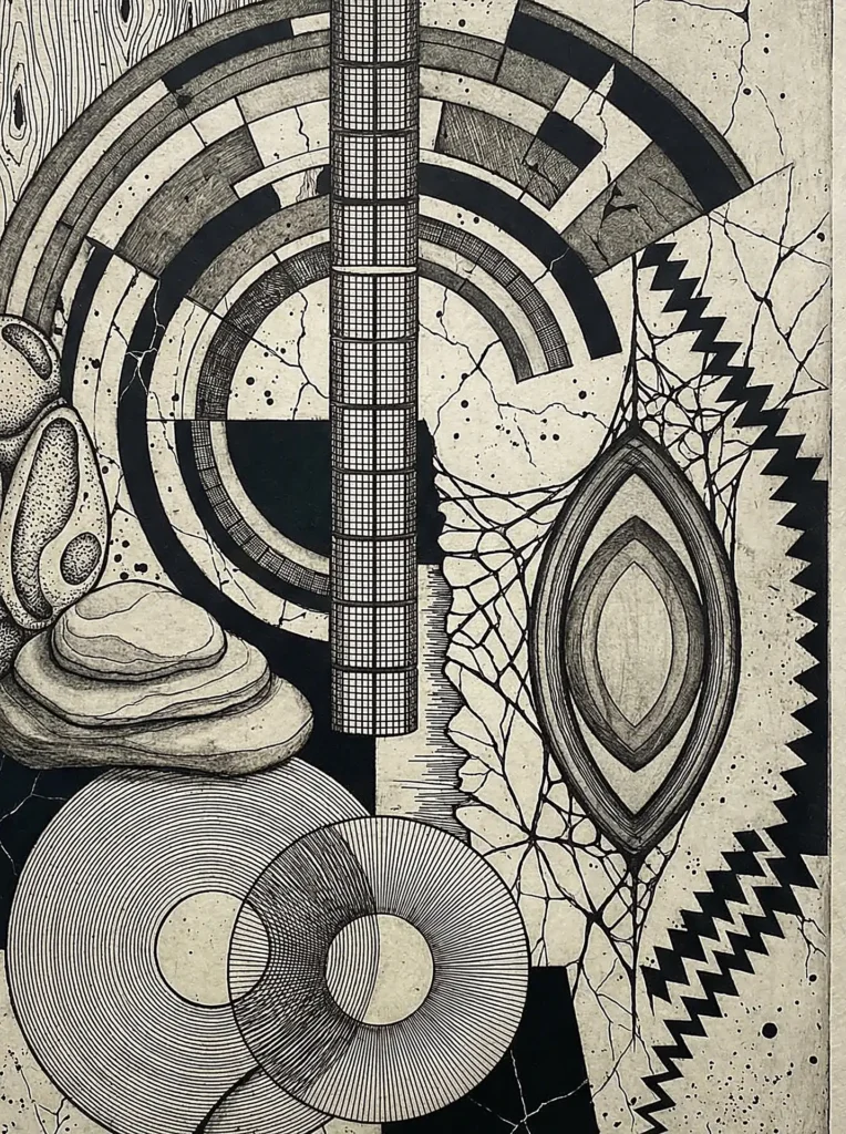 Textured paper and fine ink lines create a complex composition of concentric circles, grid pillars, and stacked stones. This hand-drawn artwork balances rigid geometric patterns with organic forms and cracked surfaces to evoke a sense of surreal order. Artwork by Constantine Cheshire