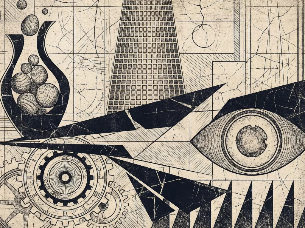 Moving through clockwork gears, this abstract surrealist composition features a watchful eye and industrial monoliths. This vintage-style illustration uses a limited cream and black palette with a heavy cracked texture, evoking a sense of occult science or an ancient schematic rendered in an ink-print style with a mysterious, analytical mood. Artwork by Constantine Cheshire