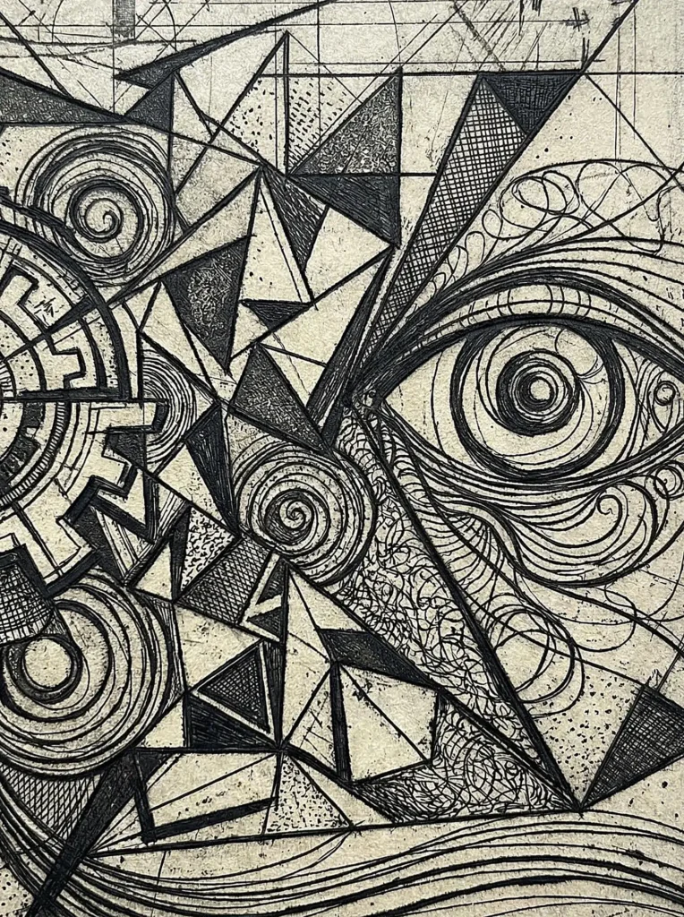 Heavy black ink and textured cream paper define this complex arrangement of sharp triangles and soft spirals. A large, stylized eye serves as the focal point within a chaotic landscape of geometric patterns, labyrinthine gears, and mechanical shapes. Artwork by Constantine Cheshire
