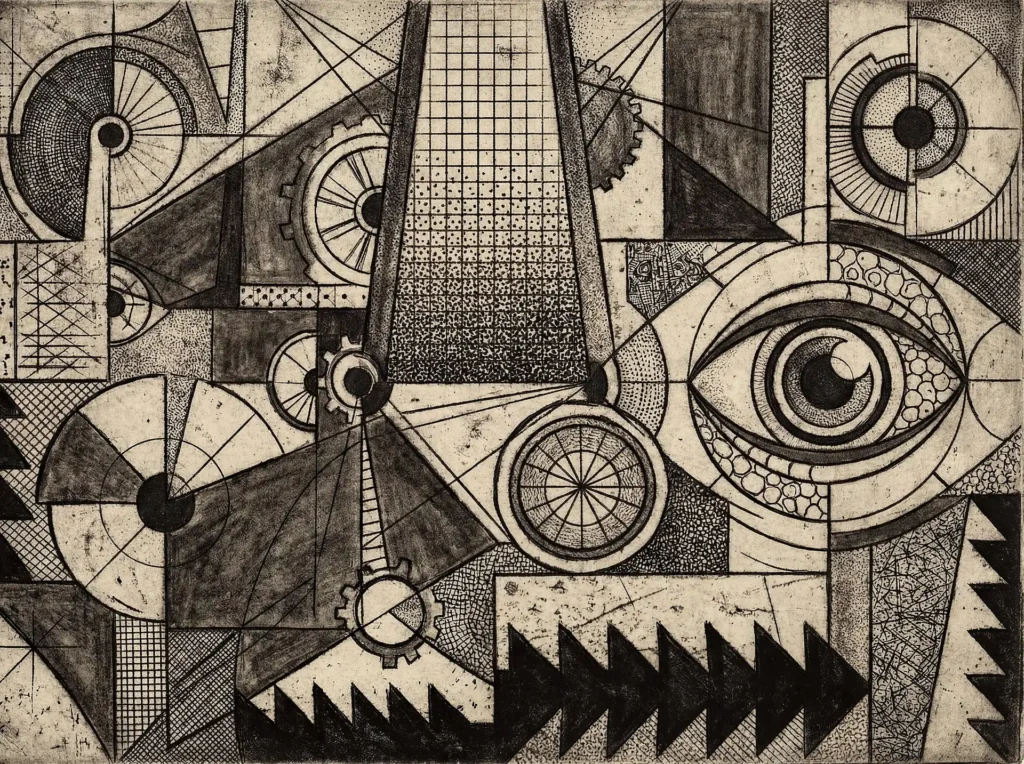 Human eye and industrial gears depicted in a monochrome constructivist style etching. This complex composition uses stippling and cross-hatching to create a surreal mechanical landscape of cogs, grids, and geometric patterns. Artwork by Constantine Cheshire