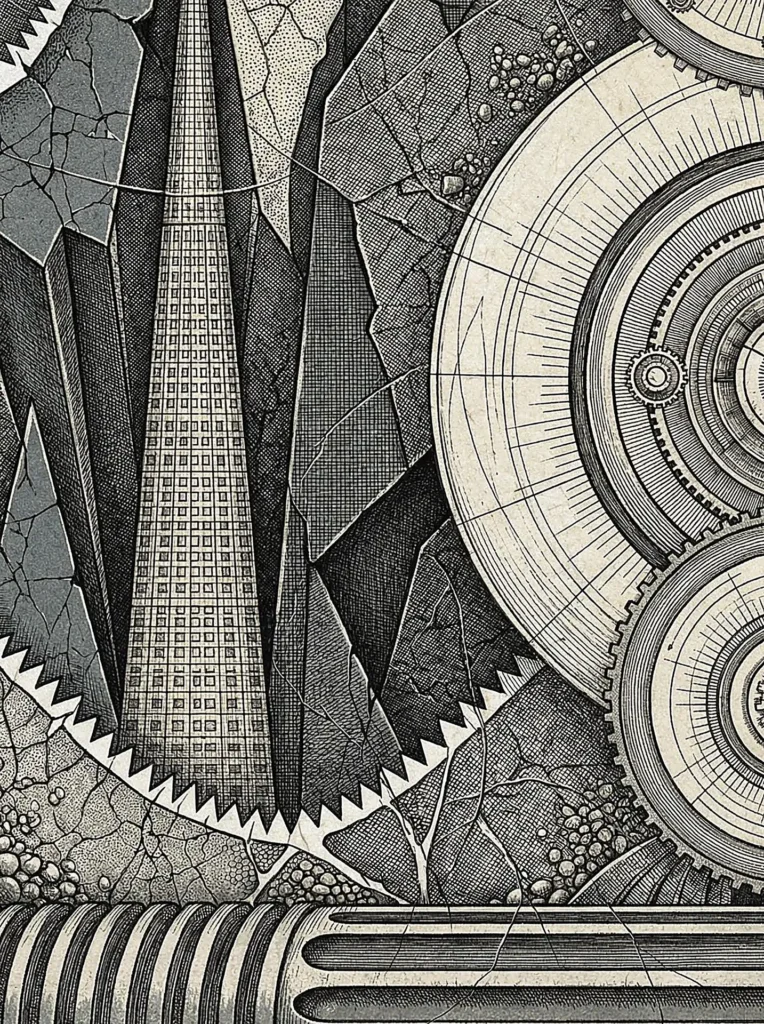Dystopian and somber atmosphere defines this detailed ink illustration of interlocking mechanical gears and a towering skyscraper emerging from cracked stone. The intricate engraving style uses cross-hatching and stippling to create a complex scene of architectural decay and clockwork precision. Artwork by Constantine Cheshire