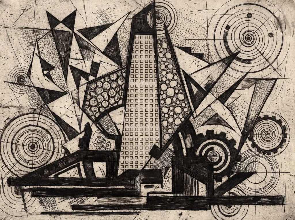 Monochrome sepia tones and deep black ink define this complex geometric composition of gears and towers. This intricate mechanical drawing uses sharp angles and concentric circles to create a sense of industrial motion and architectural depth. Artwork by Constantine Cheshire