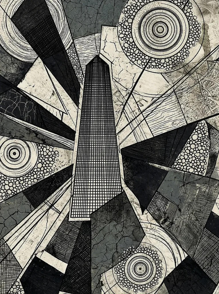 Radiating outward from a central gridded tower, this monochrome abstract collage combines architectural precision with organic textures like wood grain and cracked earth. The grayscale composition uses cubist influences and heavy ink linework to create a sense of fractured urban motion. Artwork by Constantine Cheshire