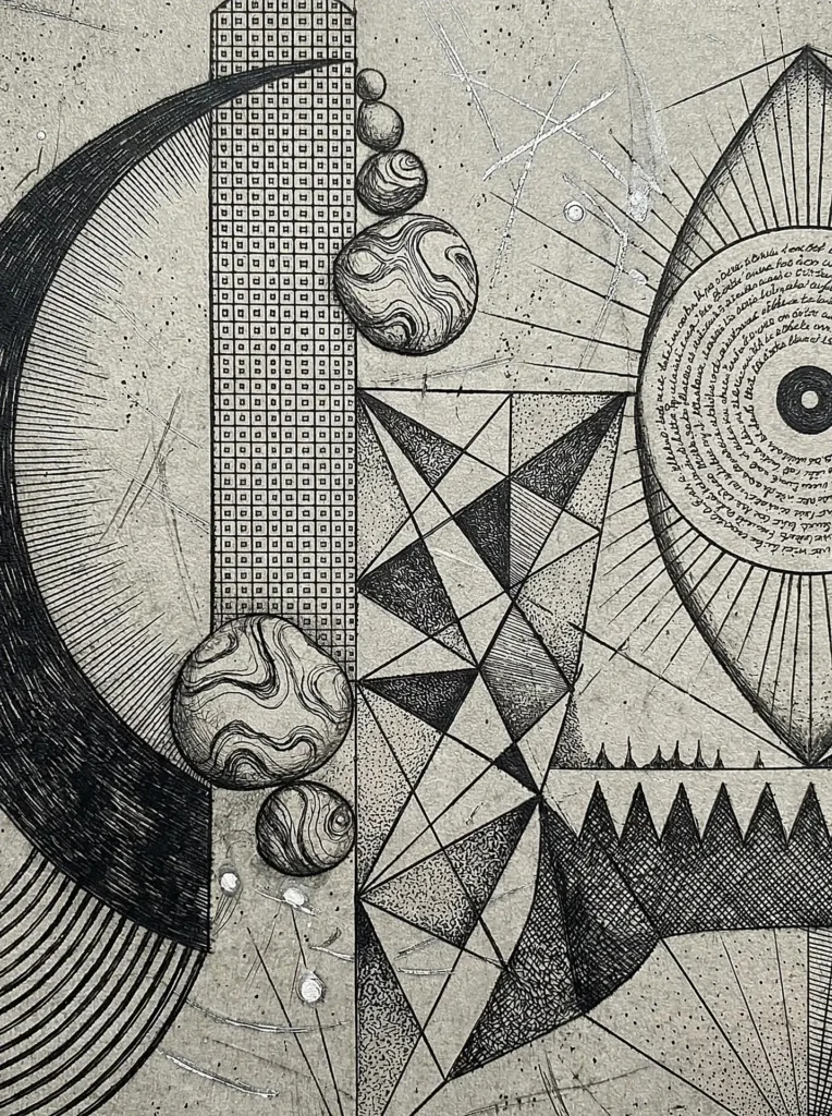 Composition of intricate geometric patterns, swirling planetary spheres, and a central eye containing fine cursive script is rendered in black ink on textured paper. This monochromatic abstract piece blends esoteric symbolism with meticulous cross-hatching and stippling techniques to create a surreal atmosphere. Artwork by Constantine Cheshire