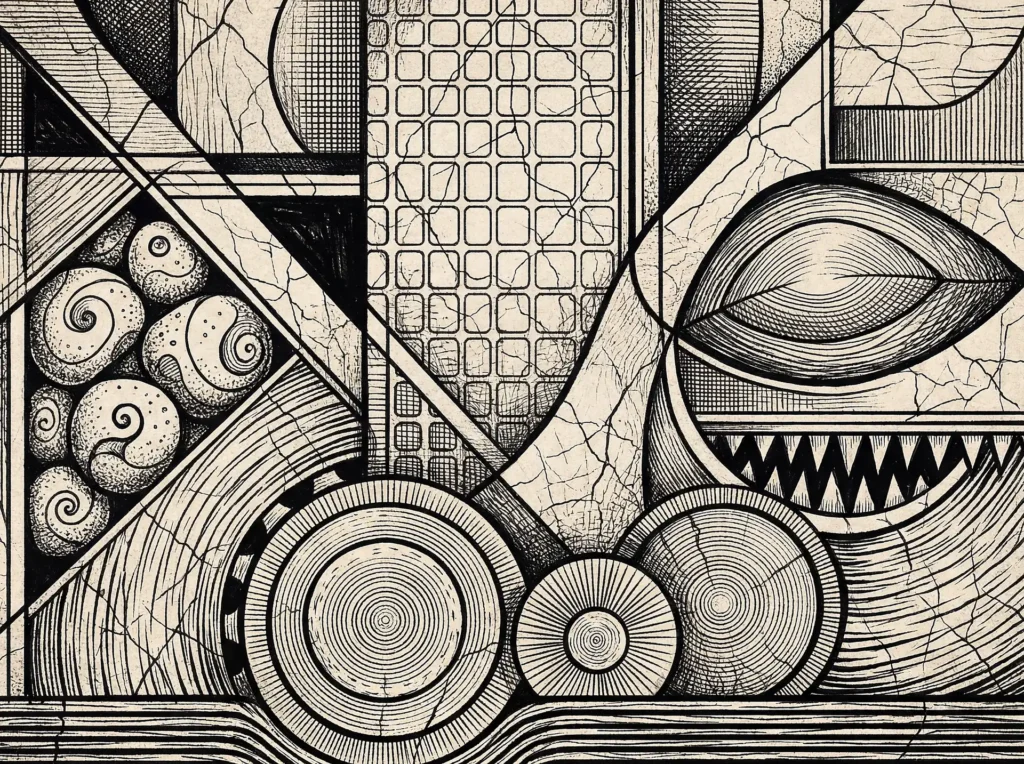 Somber and highly structured, this composition features intricate cross-hatching, cracked textures, and overlapping circular forms. The monochromatic ink style emphasizes the balance between rigid geometry and organic, shell-like elements. Artwork by Constantine Cheshire