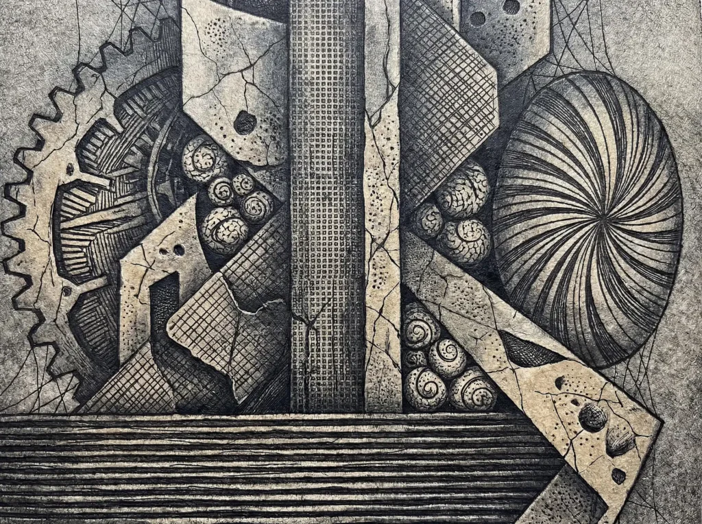 Somber and meticulous, this piece juxtaposes heavy mechanical gears with delicate snail shells and cracked masonry. The monochromatic etching style uses intricate crosshatching to explore the intersection of man-made structures and natural forms. Artwork by Constantine Cheshire