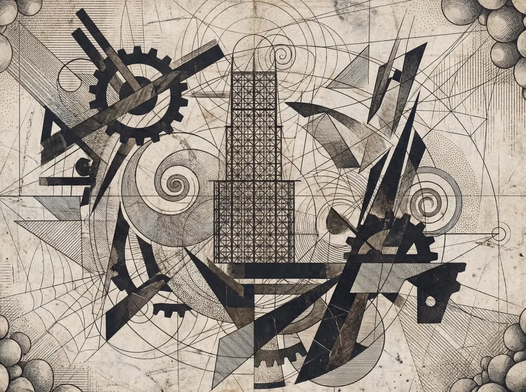 Monochromatic sepia tones illuminate a complex arrangement of gears, spirals, and a central architectural tower. This intricate drafting sketch combines mechanical elements with mathematical geometry on aged, textured paper. Artwork by Constantine Cheshire
