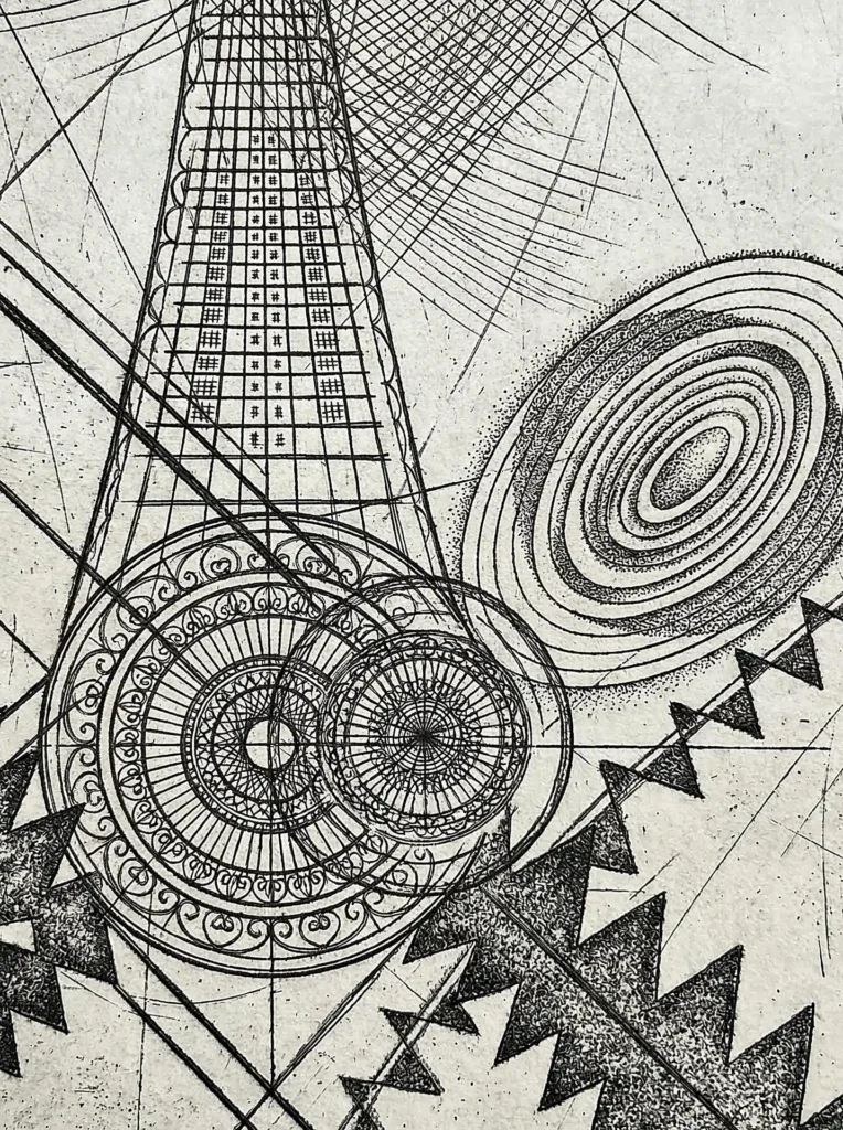 Ink-stippled textures and fine etched lines create a complex composition of overlapping circular mandalas and sharp sawtooth patterns. This monochrome abstract piece explores mathematical precision through a blend of architectural grids and organic-inspired geometric shapes on aged paper. Artwork by Constantine Cheshire