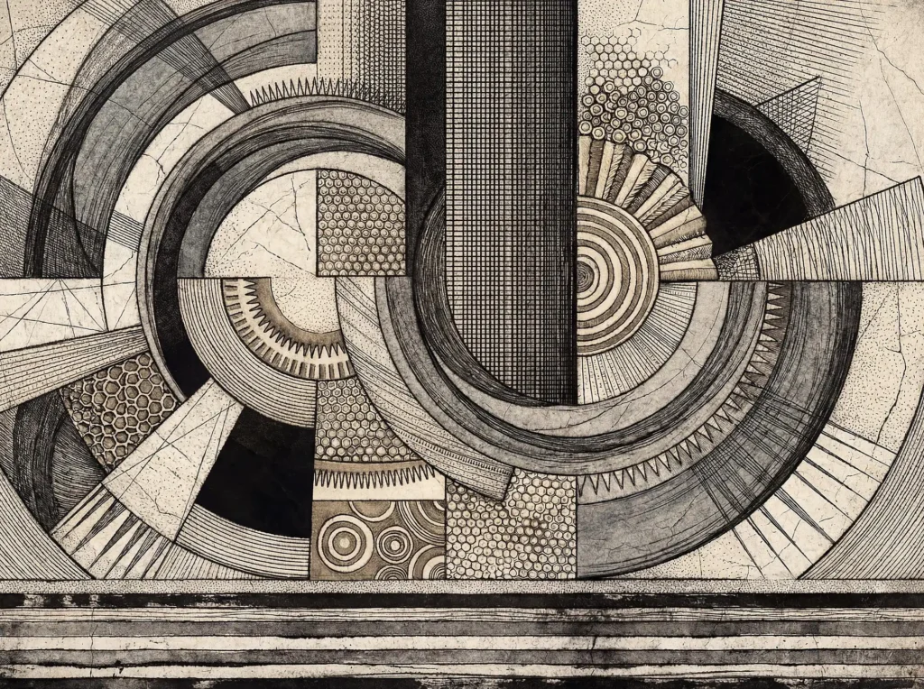 Muted sepia tones and deep black ink define this intricate geometric composition featuring a series of interlocking arcs and architectural textures. The piece combines precise cross-hatching with organic stippling to create a sophisticated, mechanical aesthetic reminiscent of vintage technical drawings. Artwork by Constantine Cheshire