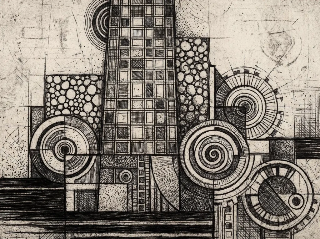 Muted sepia tones and deep black ink define this intricate abstract etching of an industrial landscape. The artwork combines mechanical gears and concentric spirals with architectural grid patterns to create a sense of structured complexity. Artwork by Constantine Cheshire