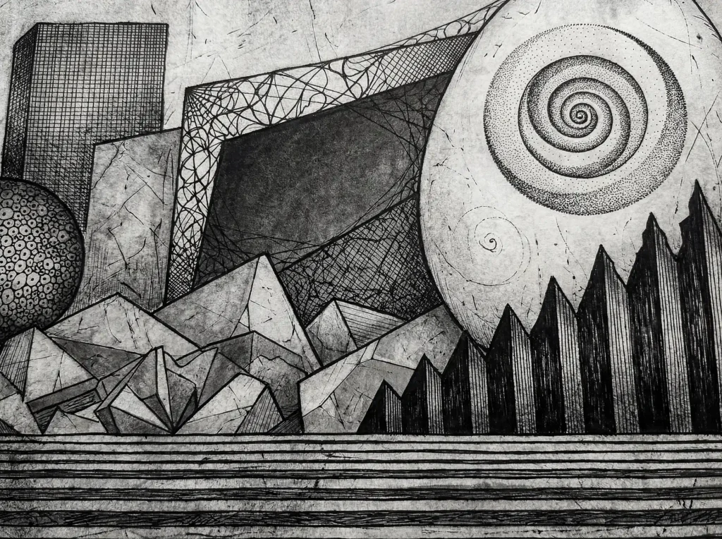 Spiraling inward, a large stippled egg sits amidst a complex landscape of sharp crystalline peaks and gridded architectural monoliths. This monochromatic ink drawing utilizes intricate cross-hatching and varied line weights to create a moody, conceptual atmosphere. Artwork by Constantine Cheshire