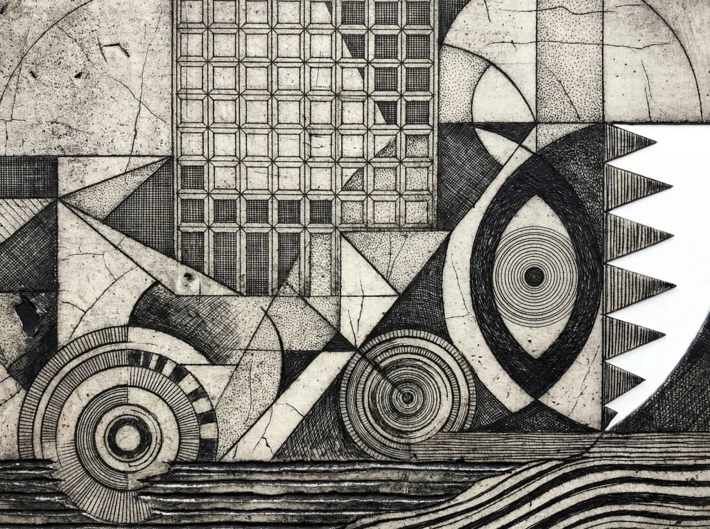 A sense of structured chaos emerges from this intricate monochrome etching featuring overlapping concentric circles and rigid grid patterns. The composition utilizes fine cross-hatching and stippling to create depth within a complex arrangement of sharp triangles and curved forms. Artwork by Constantine Cheshire