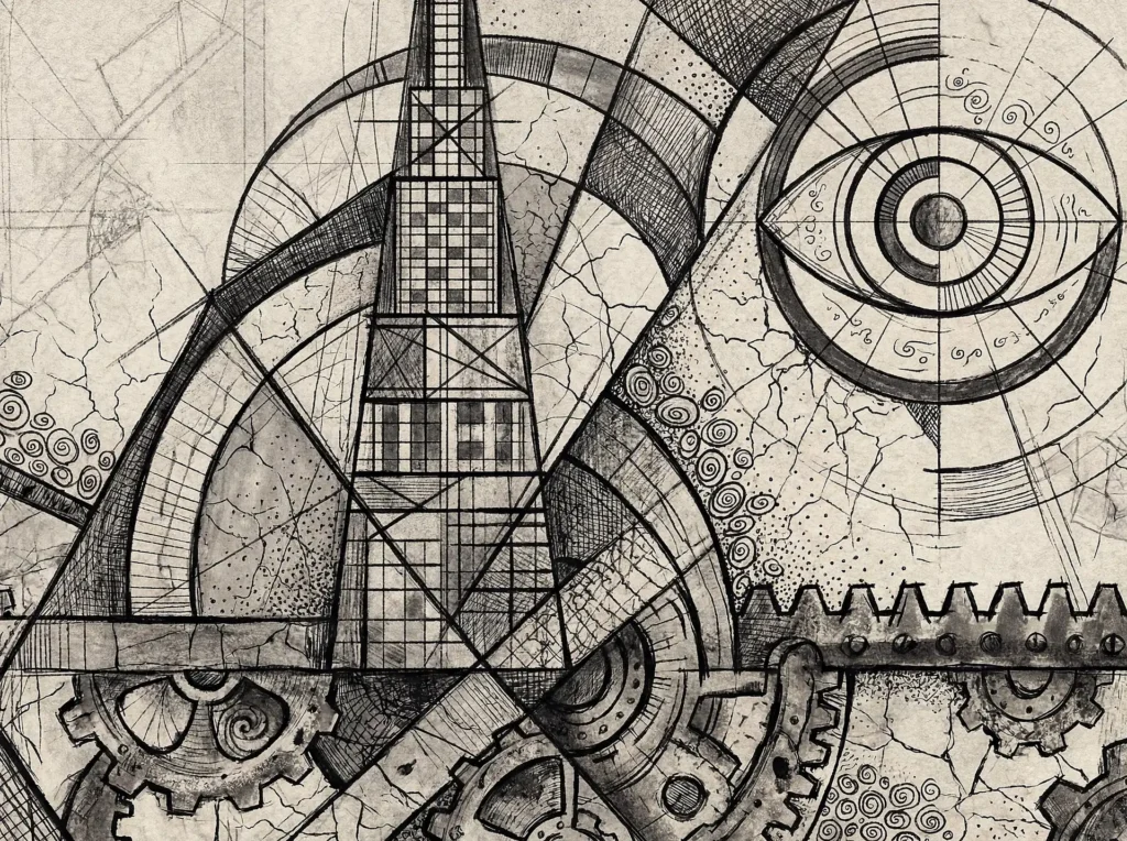 Turning gears and interlocking cogs anchor this complex ink drawing of a geometric tower beneath a watchful symbolic eye. The vintage aesthetic features crackled textures and precise technical lines in a sepia-toned monochromatic style. Artwork by Constantine Cheshire