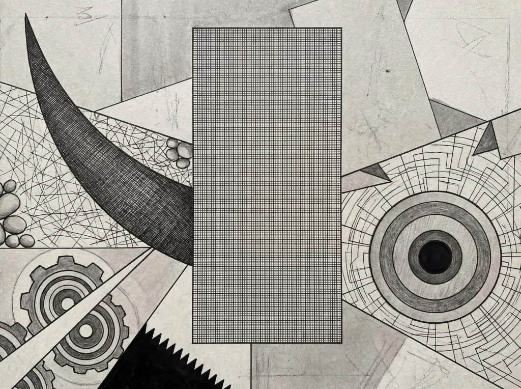 Overlapping and intersecting across the frame, this complex abstract drawing features a central grid rectangle surrounded by mechanical gears, concentric circles, and fine cross-hatched textures. The monochrome composition uses graphite and ink on paper to create a technical, architectural mood through precise linework and varied geometric shapes. Artwork by Constantine Cheshire