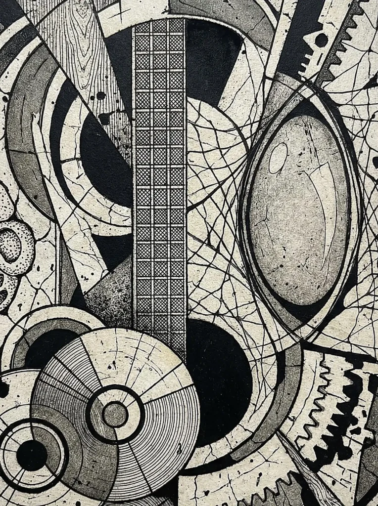 Stark black and white contrast defines this complex arrangement of mechanical gears and circular forms. This abstract illustration blends industrial elements with intricate textures like wood grain and cracked surfaces to create a rhythmic, modern composition. Artwork by Constantine Cheshire