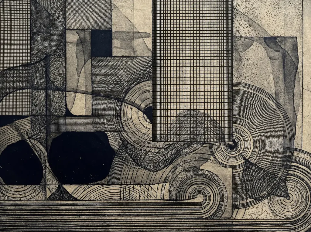 Geometric abstractions in black ink and stippled texture create a sophisticated architectural composition. This monochrome artwork balances rigid grid structures with fluid concentric circles and subtle ink washes on an aged paper background. Artwork by Constantine Cheshire