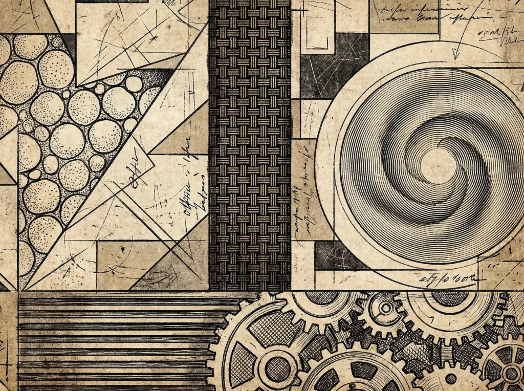 Weathered parchment and fine ink lines define this complex collage of mechanical and geometric studies. The composition features interlocking gears, a spiral vortex, and architectural triangles rendered in a sepia-toned manuscript style. Artwork by Constantine Cheshire