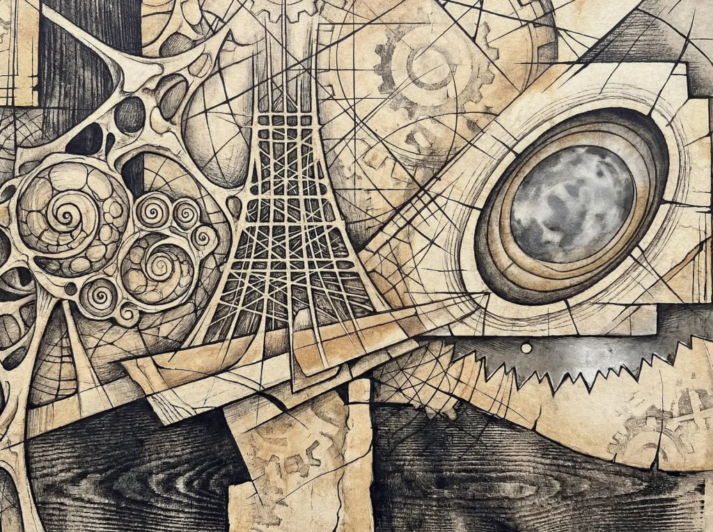 Layered geometric shapes and organic spirals intersect within a dense architectural grid to create a complex industrial scene. This sepia-toned ink drawing blends mechanical cogs with woodgrain textures and mathematical patterns to evoke a sense of early engineering and surreal invention. Artwork by Constantine Cheshire