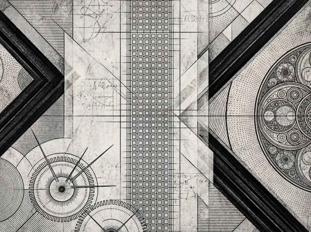 A sense of intellectual precision radiates from this complex composition of gears, mathematical formulas, and intersecting lines. This monochrome artwork mimics the style of aged architectural plans through intricate stippling and layered technical diagrams. Artwork by Constantine Cheshire