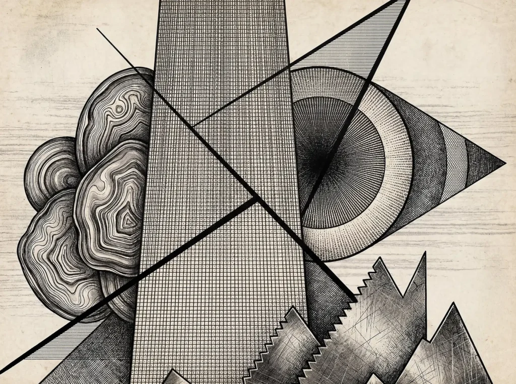 Neutral beige tones and sharp black ink lines define this intricate abstract composition. This artwork blends organic wood-grain swirls with rigid geometric grids and serrated metallic edges to create a compelling architectural study on aged paper. Artwork by Constantine Cheshire