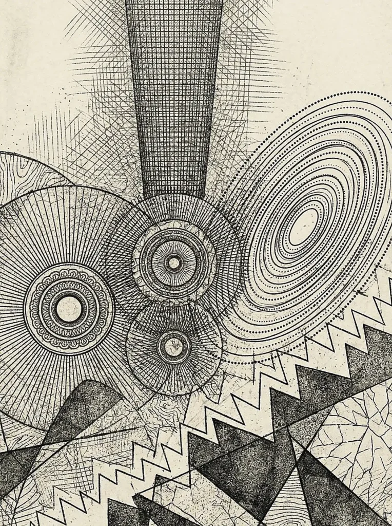 Concentric circles and mechanical grids, this ink drawing features sharp zigzag lines and complex geometric patterns on a vintage-toned paper background. The analytical composition evokes a sense of technical drafting and architectural precision through its rhythmic monochrome design. Artwork by Constantine Cheshire