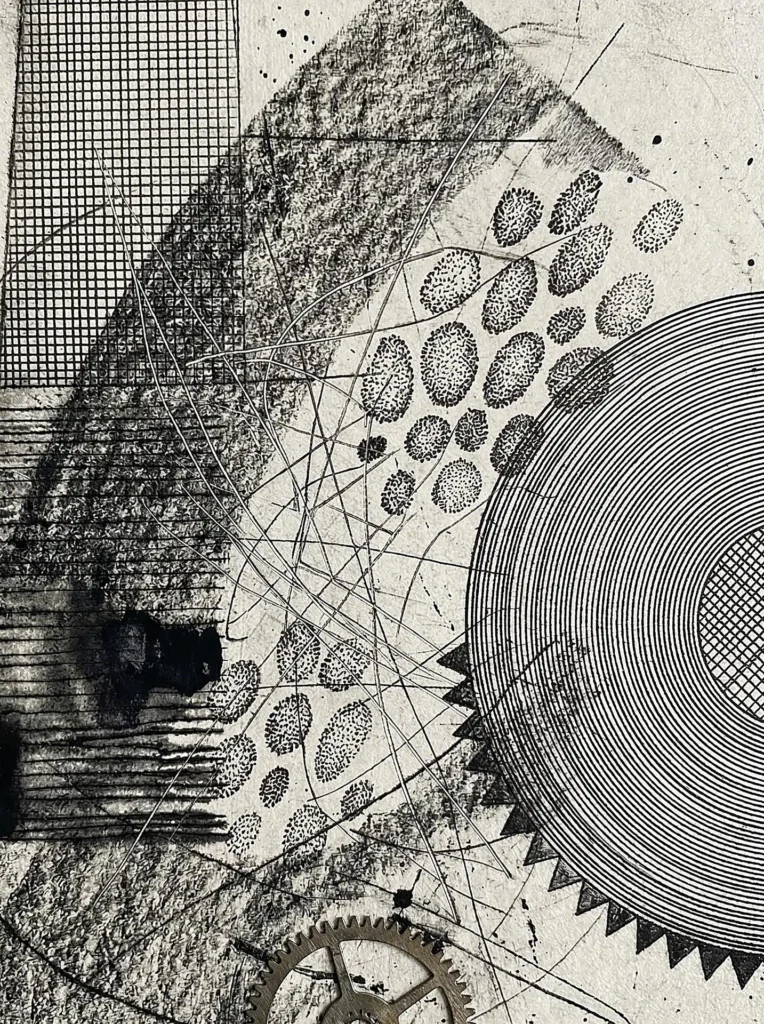 Layering of intricate geometric patterns and industrial motifs defines this monochromatic mixed-media artwork. Fine etched lines, stippled textures, and mechanical gear shapes combine in a neutral palette to create a complex, technical aesthetic suitable for modern interior decor or conceptual design. Artwork by Constantine Cheshire