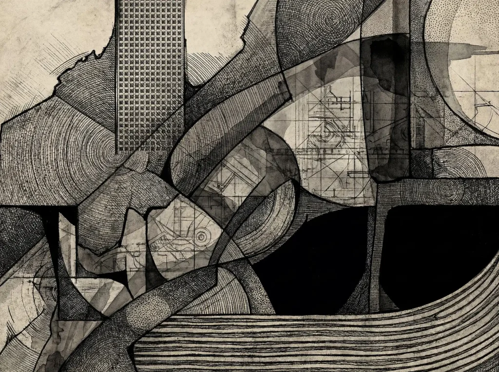 Layering of geometric shapes and fine ink lines defines this complex abstract composition. Using a combination of stippling and cross-hatching, this monochromatic piece evokes the feeling of a vintage technical blueprint or an industrial landscape through a neutral tan and black palette. Artwork by Constantine Cheshire