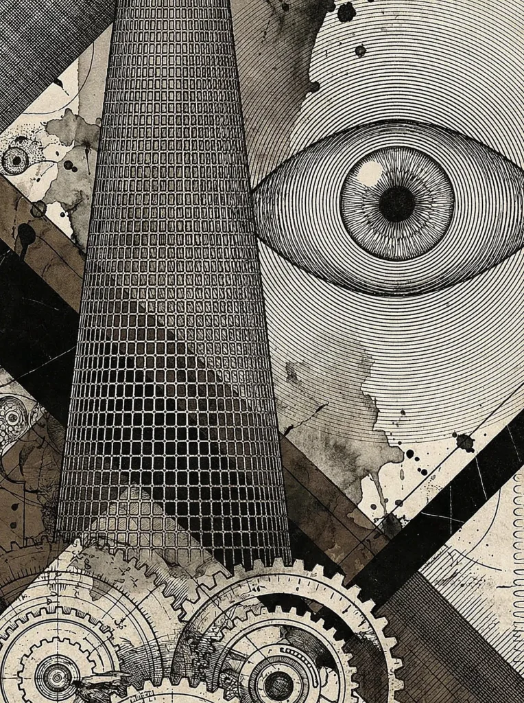 An oversized human eye and intricate mechanical gears, this mixed media ink drawing combines architectural structures with surrealist imagery. The monochromatic sepia and black tones create a dystopian atmosphere filled with ink splatters, fine lines, and geometric patterns. Artwork by Constantine Cheshire